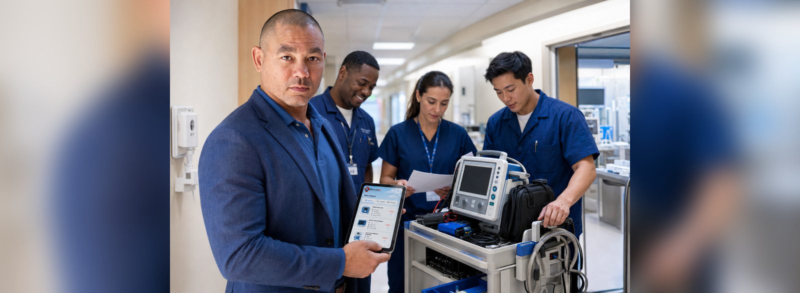 Healthcare technology management team using the BiomedRx App to hand off a work order in a hospital corridor