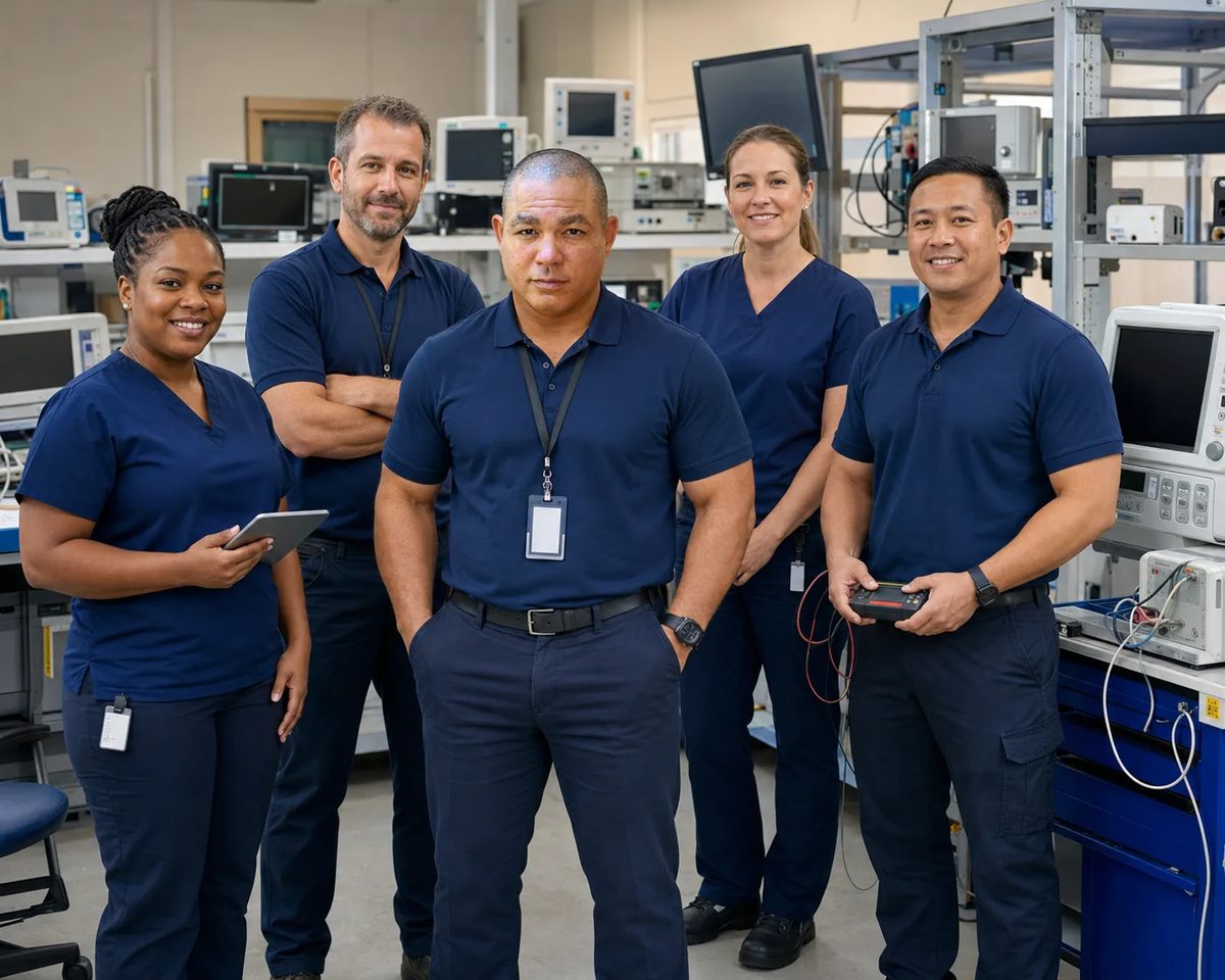 Group portrait of five BiomedRx biomedical engineering staff in a hospital equipment shop