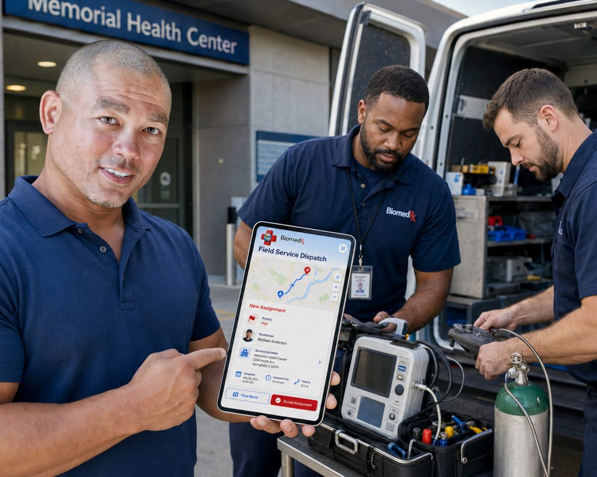 Technician holding the BiomedRx app field service dispatch screen outside a health center while colleagues load a service van