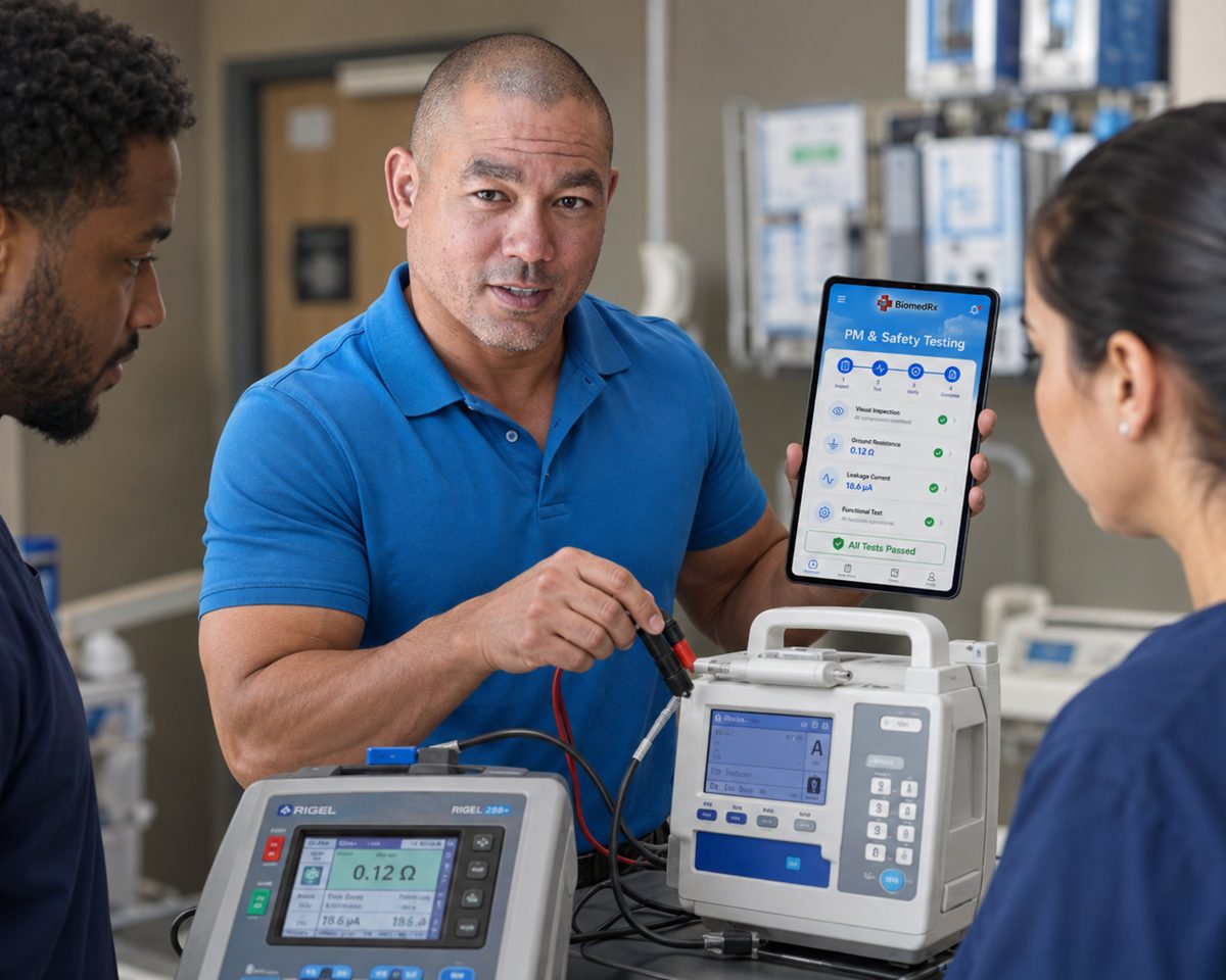Technician running a safety test on an infusion pump with the BiomedRx app open on a tablet held by a colleague