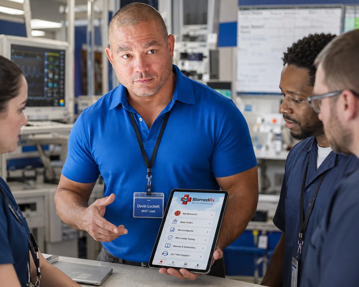 Biomedical technician with a tablet running the BiomedRx app while two colleagues examine a patient monitor waveform