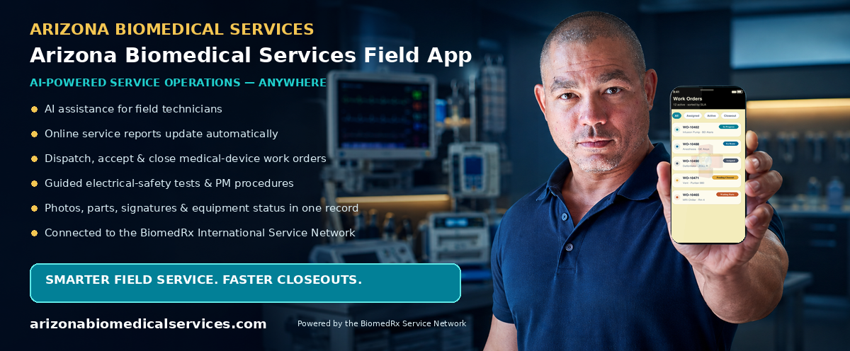 Arizona Biomedical Field — AI-powered field-service mobile app; automatic online service reports, work-order dispatch, and closeout