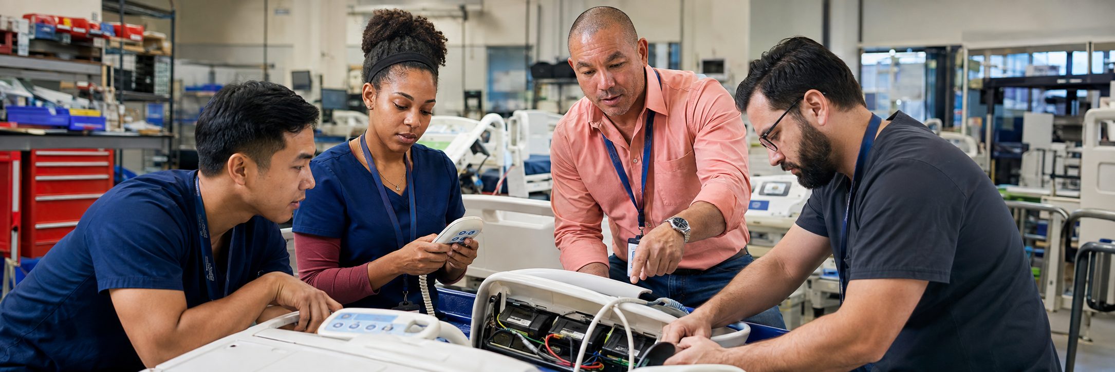 Biomedical equipment technicians training on anesthesia machine service procedures