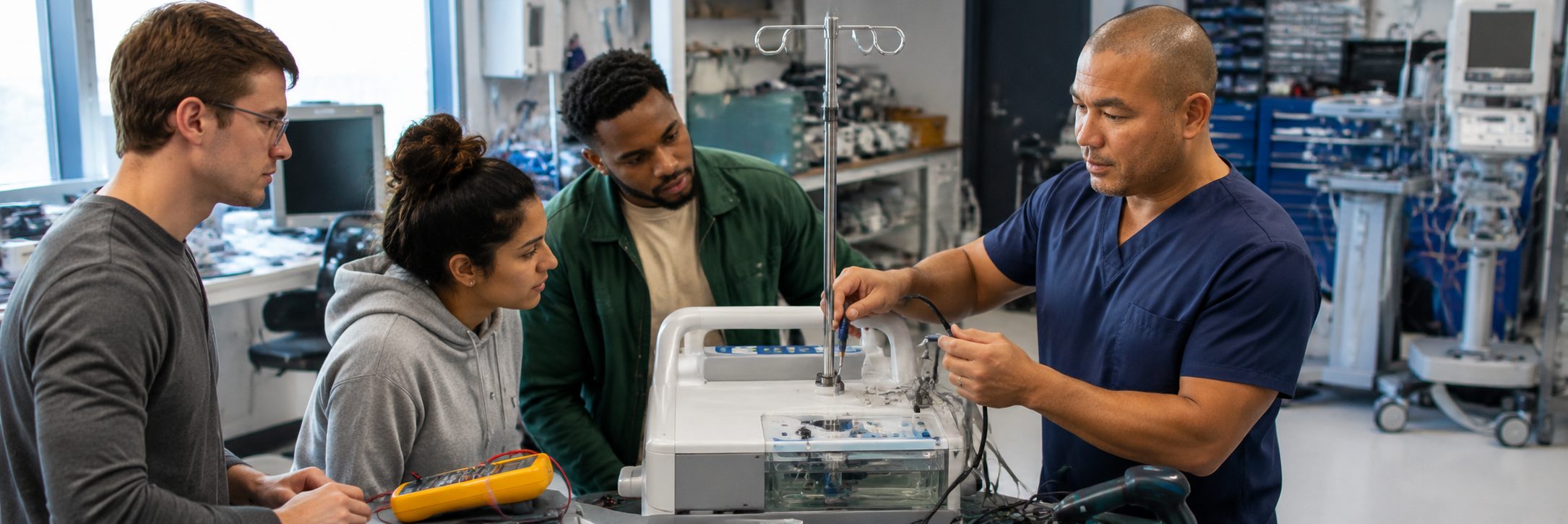 Defibrillator testing and analyzer verification | BiomedRx HTM services Defibrillator and patient monitor testing with a defibrillator analyzer and multimeter