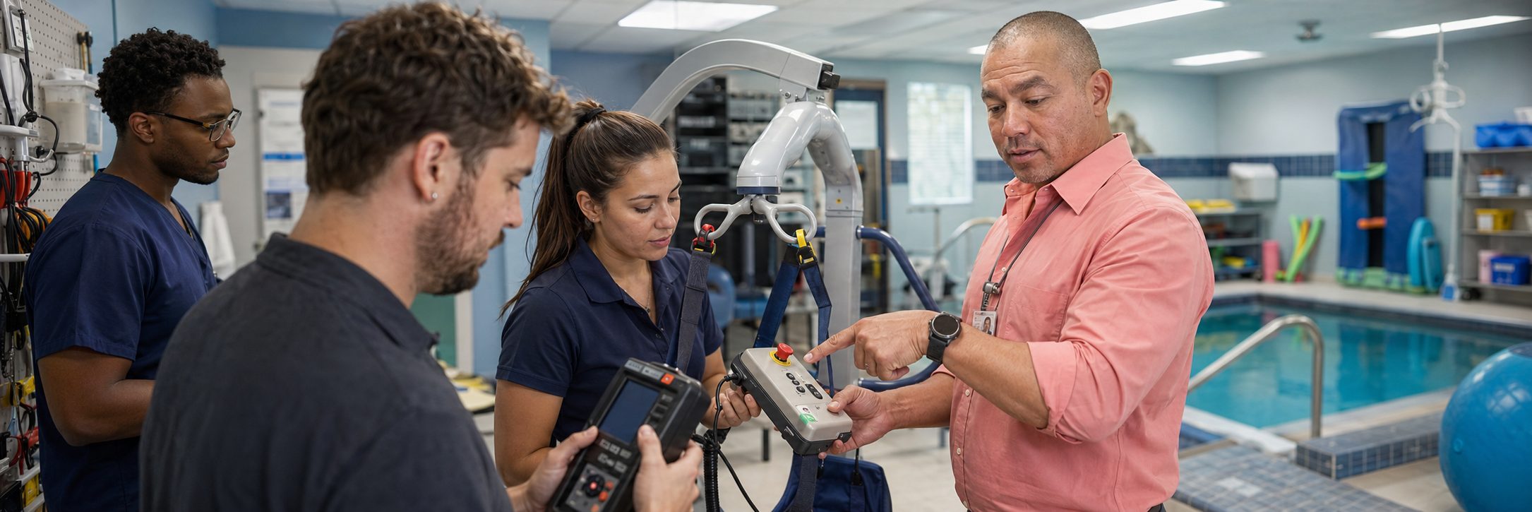 Biomedical technicians performing infusion pump preventive maintenance in an infusion suite
