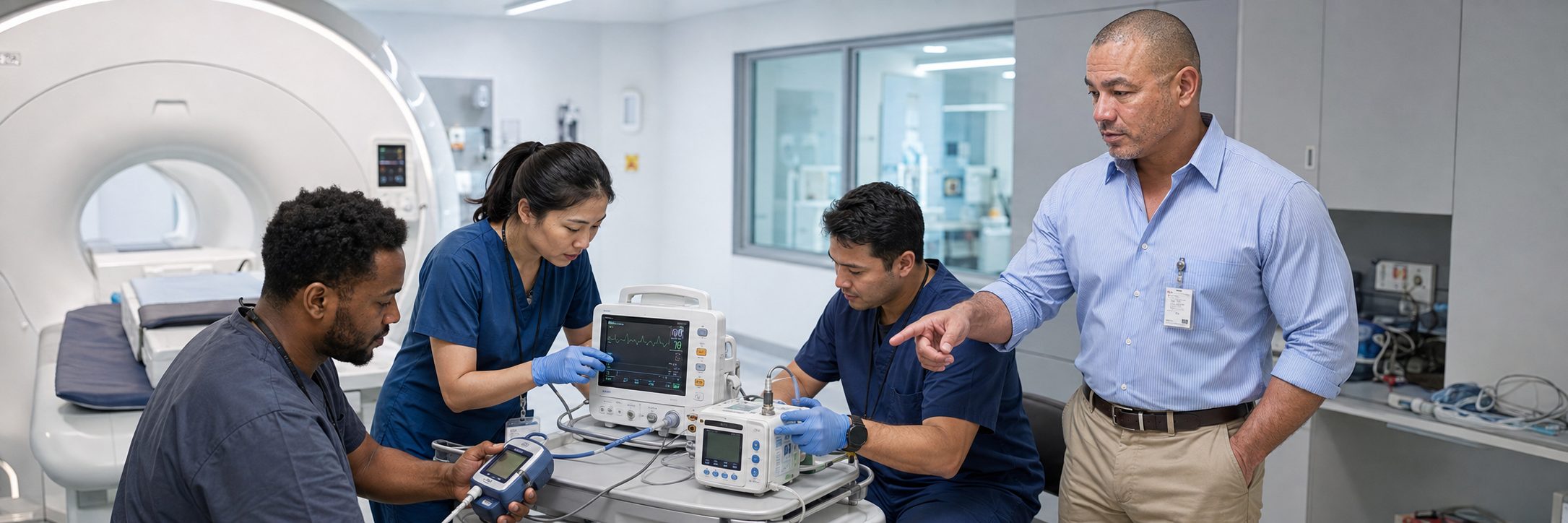 Patient monitor calibration and infusion pump testing in an MRI imaging suite