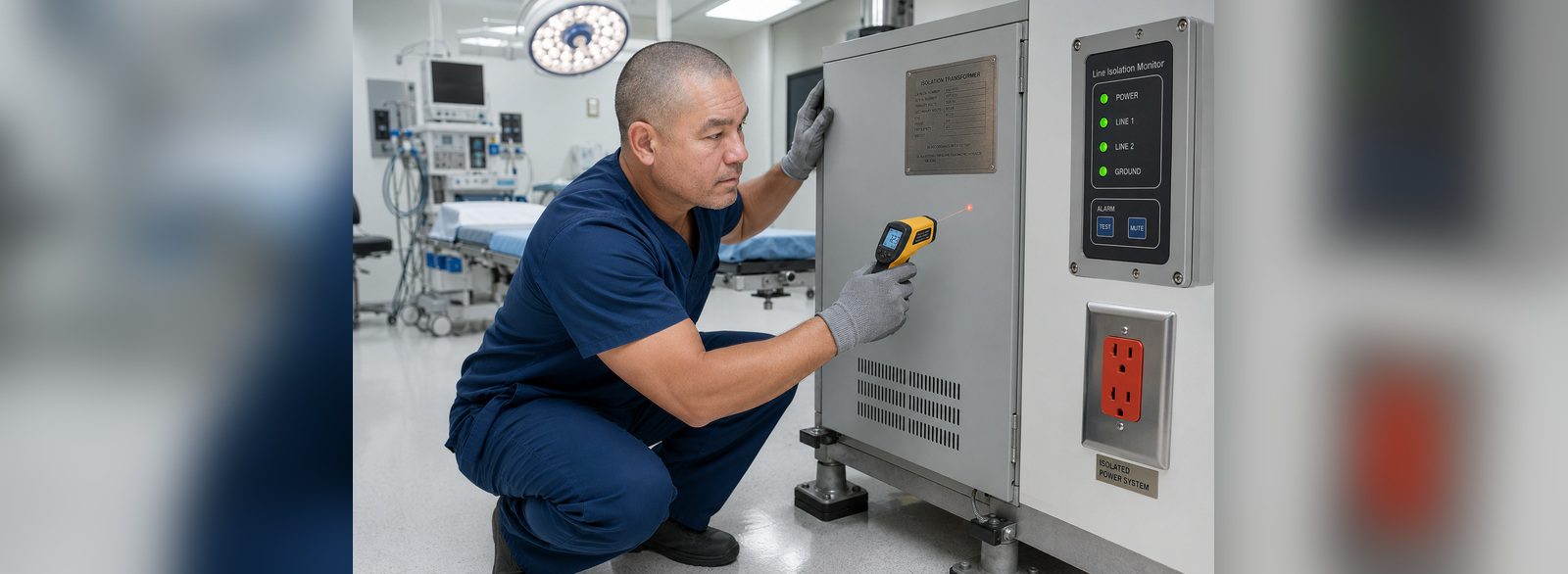 Infrared thermal inspection of an isolation transformer enclosure beside a line isolation monitor