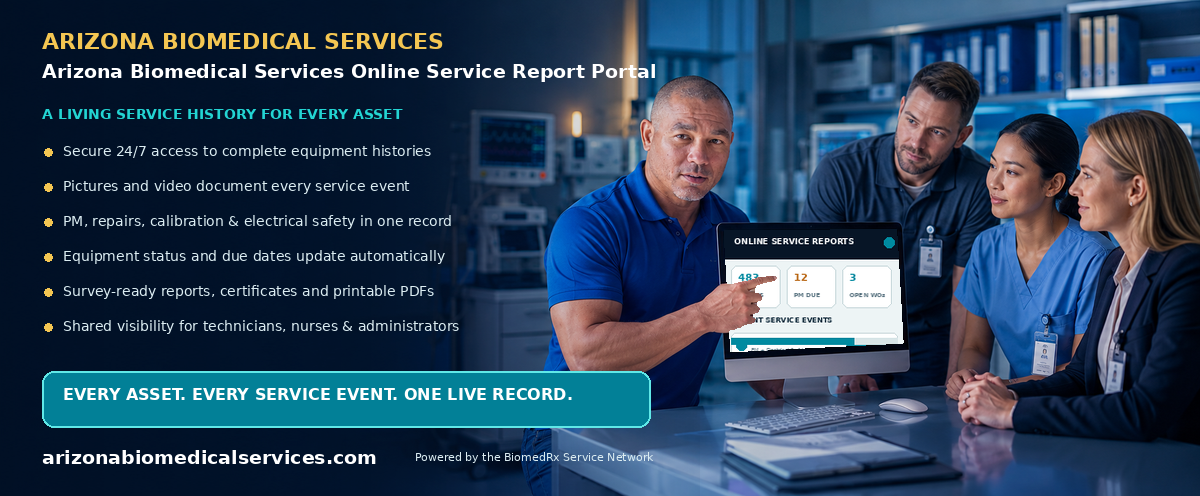 Arizona Biomedical Services Online Service Report Portal — every service event, live in your secure online report portal; view a sample report